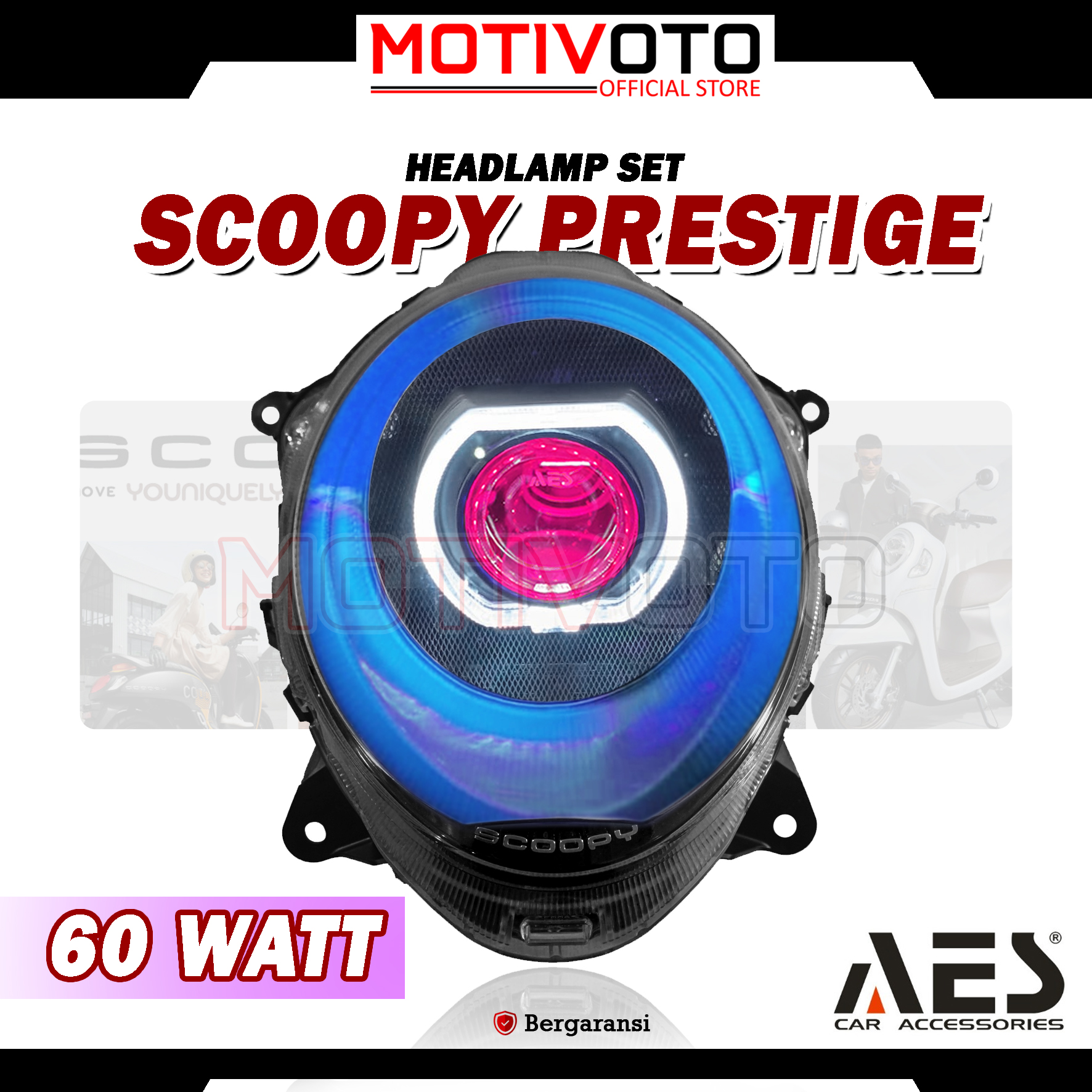 Headlamp Projie BiLED AES Scoopy Prestige 2020 + Saklar PNP Lampu Depan Bi-LED AES Turbo SE Experience 2.5inch 60Watt Honda Scoopy Prestige K2F 2020-2024 with Exhaust Fan RGB
