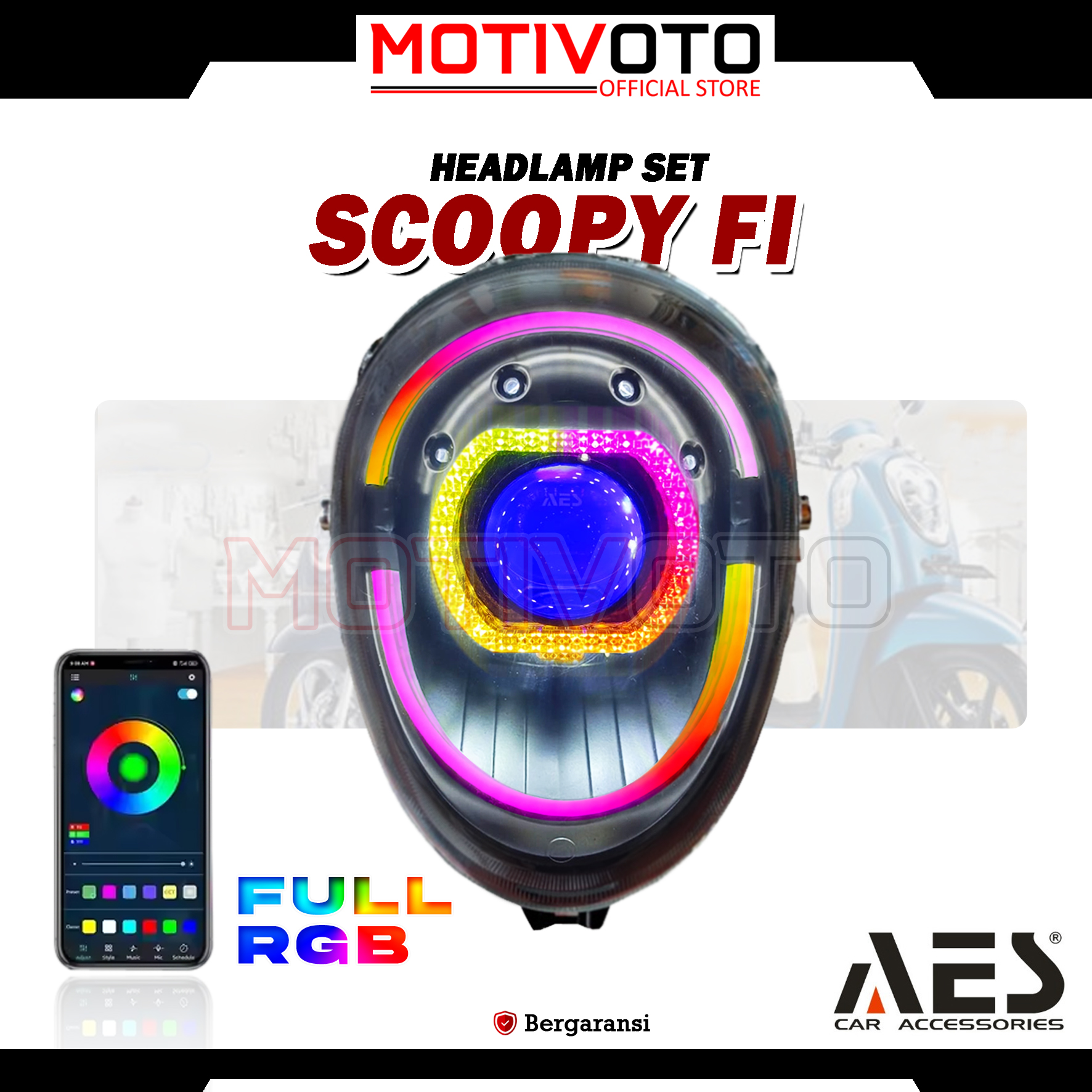Headlamp Projie BiLED AES Scoopy Fi Full RGB + Saklar PNP Lampu Depan Bi-LED AES Turbo SE Experience 2.5inch 60Watt Honda Scoopy Fi 2013-2017 with Exhaust Fan RGB