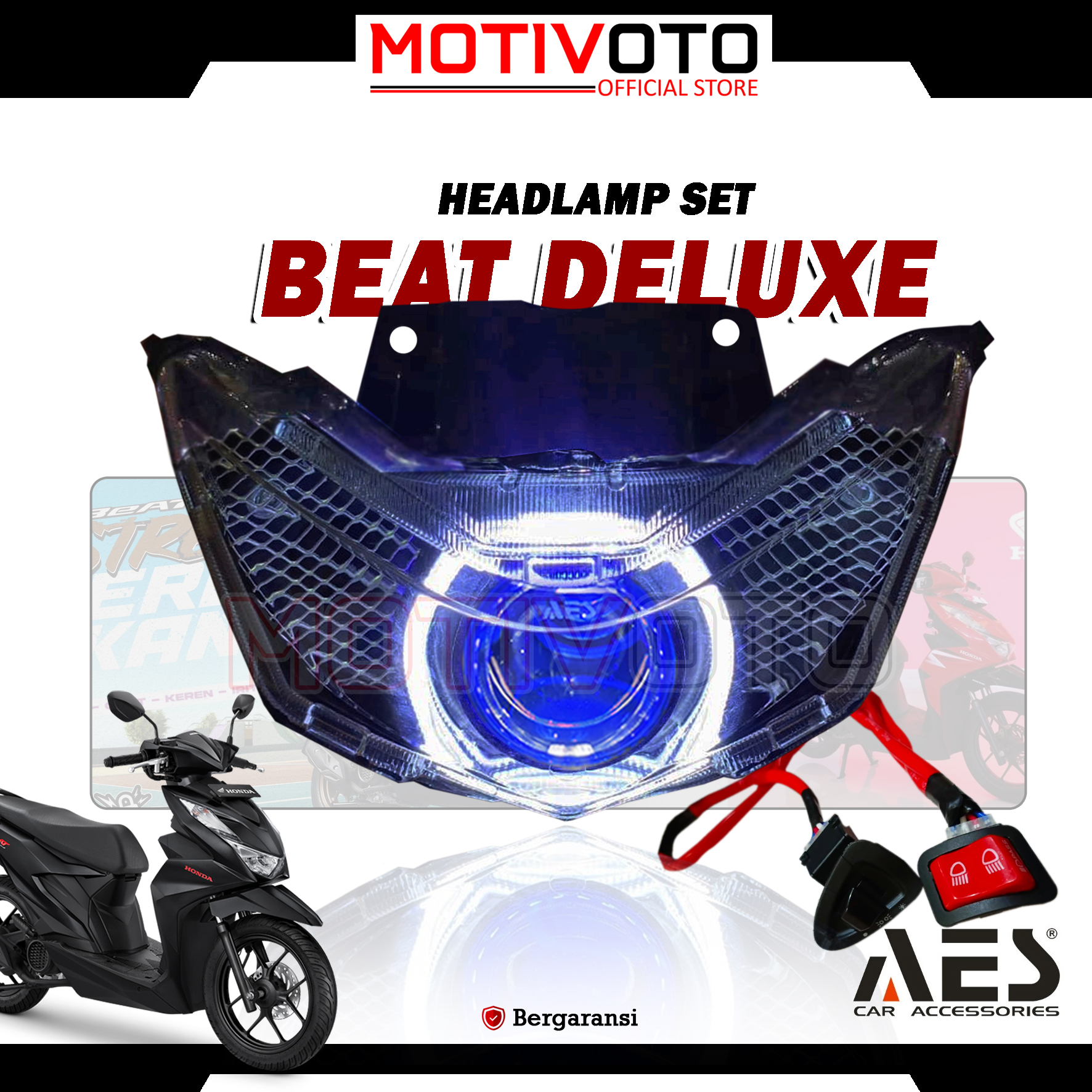 Headlamp Projie BiLED AES Beat Deluxe Street Gen 1 + Saklar PNP Lampu Depan Bi-LED AES Turbo SE Experience 2.5inch 60Watt Honda Beat Street / Beat Deluxe Gen 1 K1A 2020-2024 with Exhaust Fan RGB