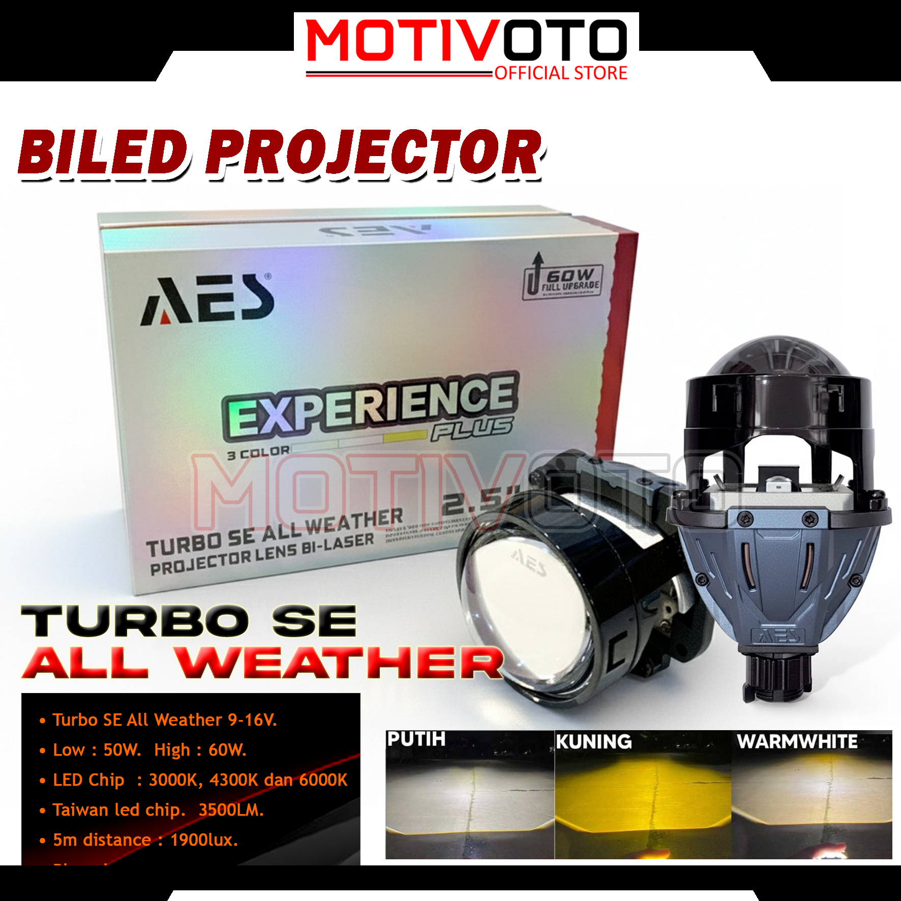 Biled AES Turbo SE All Weather 3 Warna 55 Watt 2.5 inch Bluelens Flat Lampu Projie AES untuk motor Yamaha  Nmax Old / Nmax New PCX ADV Scoopy Vario 125/150 Fi ESP Xeon GT 125